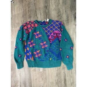 80’s 90’s Vintage Mom Knit Sweater L Large Cotton Weathervane Green Color Block